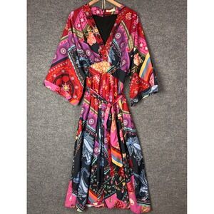Wayward Fancies Scarf print crepe sash tie kaftan Maxi Dress Belted XL